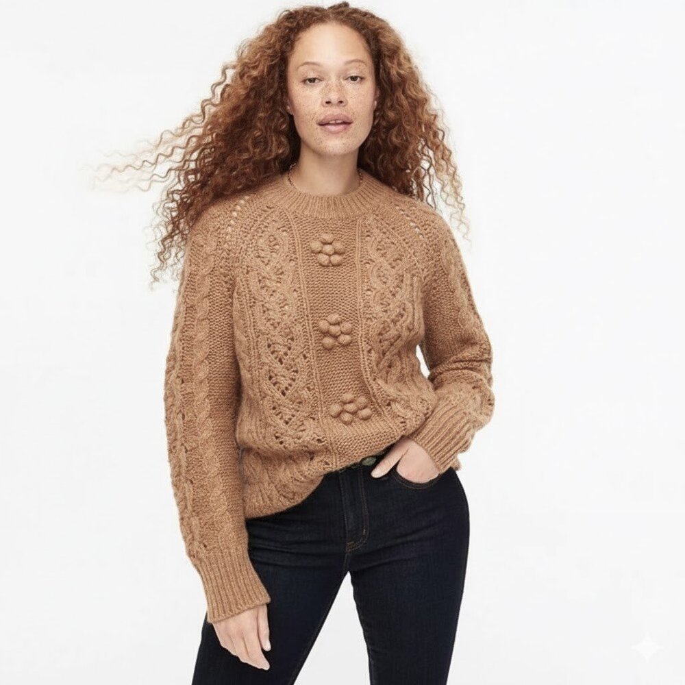 NWT J.Crew Cable-knit Pointelle Sweater in Saddle Popcorn Flowers Pullover L